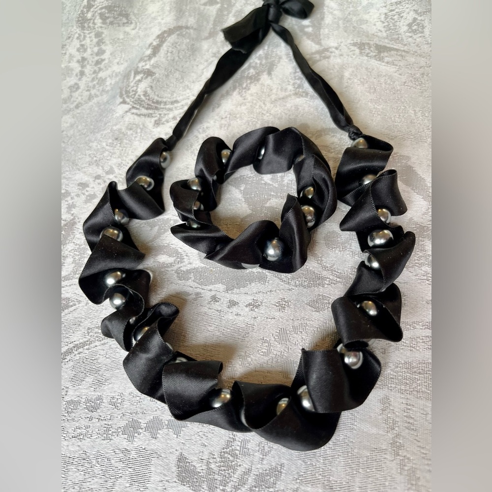 Ribbon and Bead Necklace and Bracelet Set